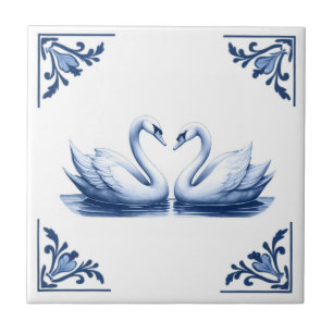 Swan Couple Delft Blue and White Floral Corners Tile