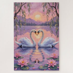 Swan Couple Heart on Pink Sunset Lake Jigsaw Puzzle