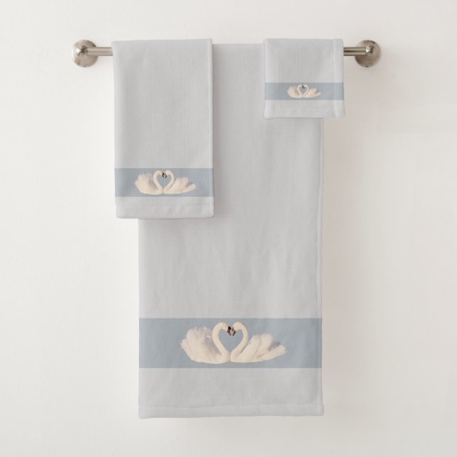 Swan Couple on Light Silver Grey Shades Bath Towel Set (Insitu)