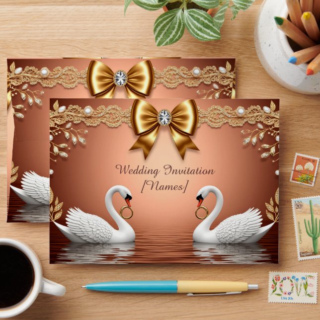 Swan Couple Rose Gold Wedding Theme Envelope (Desk)