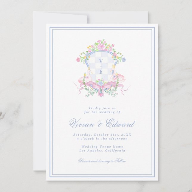 Swan Crest Monogram Coastal Blue Wedding Invitation (Front)