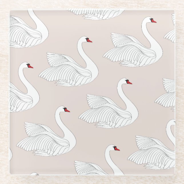 Swan Elegance: Ornamental White Pattern. Glass Coaster (Front)