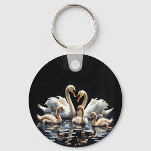 Swan Family on Black Lake Artwork Key Ring