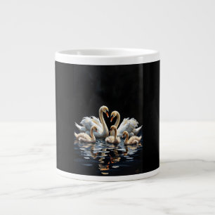 Swan Family on Black Lake Artwork Large Coffee Mug