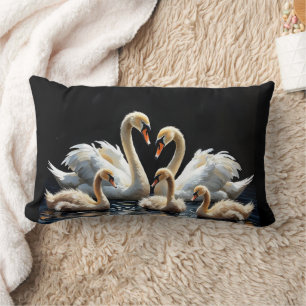 Swan Family on Black Lake Artwork Lumbar Cushion