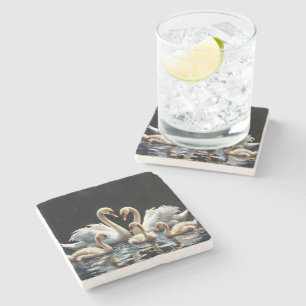 Swan Family on Black Lake Artwork Stone Coaster