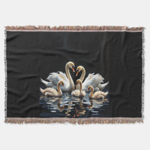 Swan Family on Black Lake Artwork Throw Blanket