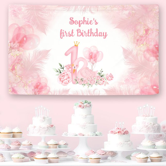 Swan Floral Feather Pink White Girl 1st Birthday Banner (Swan Floral Feather Pink White Girl 1st Birthday Banner)