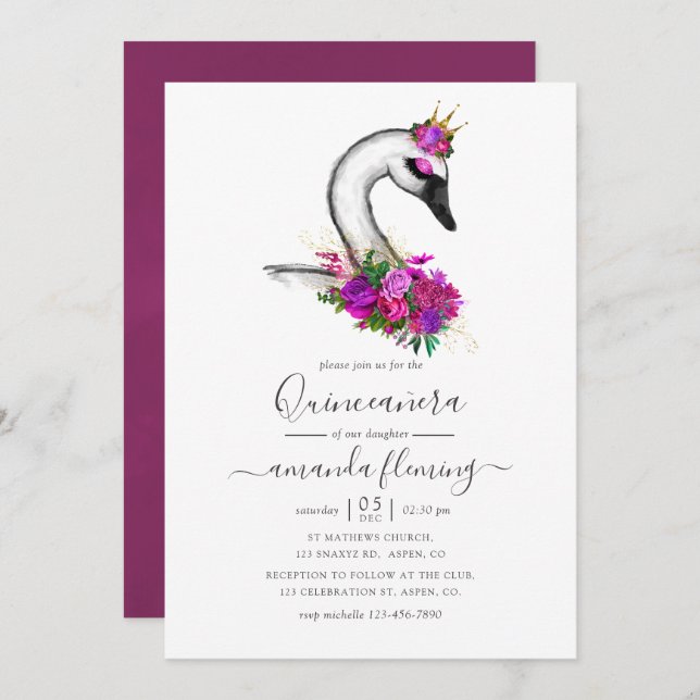 Swan Floral Quinceanera Invitation (Front/Back)
