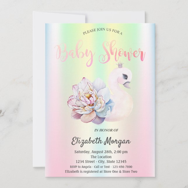  Swan Flower Iridescent Holographic Baby Shower Invitation (Front)