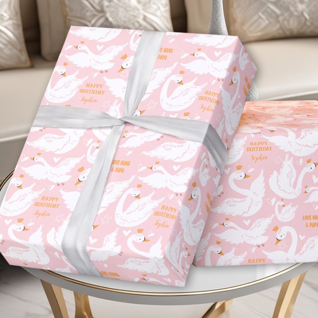 Swan Girl Birthday Name Pink Wrapping Paper (Swan Girl Birthday Name Pink Wrapping Paper)