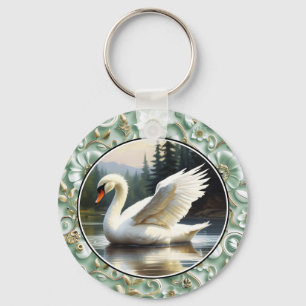 Swan Glides Gracefully on Lake Key Ring