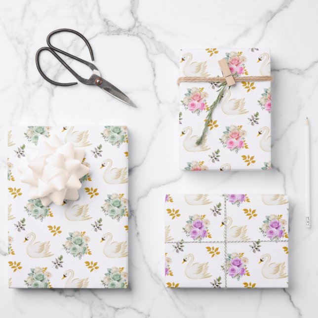 Swan Green, Pink, Purple and Gold Floral Roses Wrapping Paper Sheet (Front)