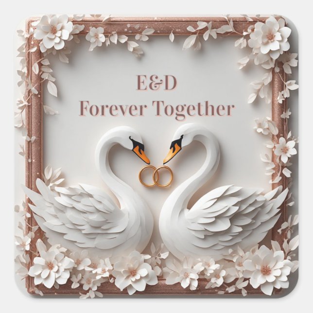 🕊️ Swan Heart Floral Frame Wedding Collection 🕊️ Square Sticker (Front)