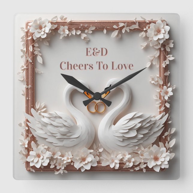 🕊️ Swan Heart Floral Frame Wedding Collection 🕊️ Square Wall Clock (Front)