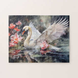 Swan in lotus pond with soft colours jigsaw puzzle