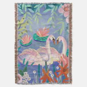 Swan in The Pound Birds Floral Botanical Throw Blanket