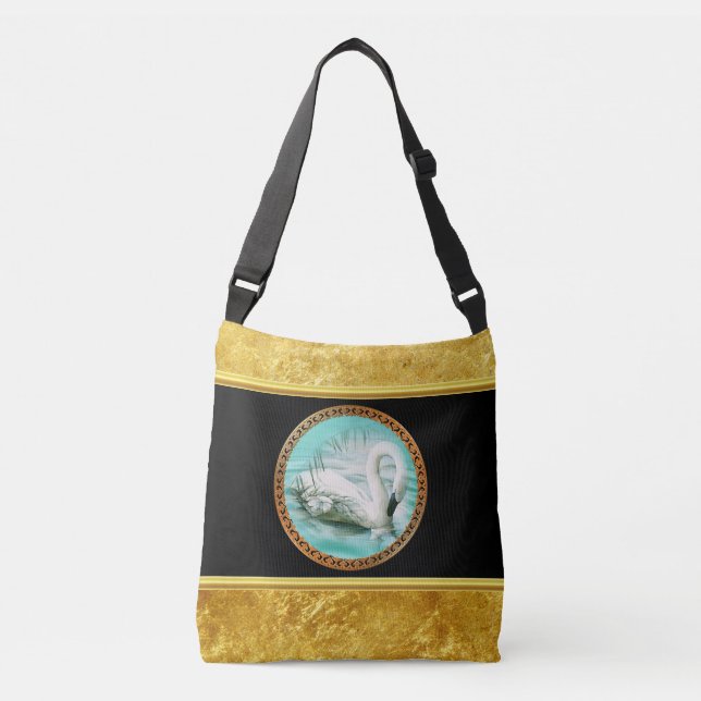 Swan in turquoise water with Gold and black design Crossbody Bag (Front)