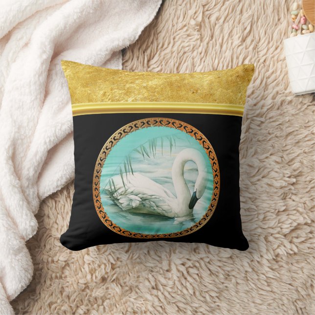 Swan in turquoise water with Gold and black design Cushion (Blanket)