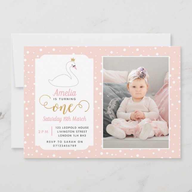 Swan Lake Girls 1st Birthday Invitation (Front)