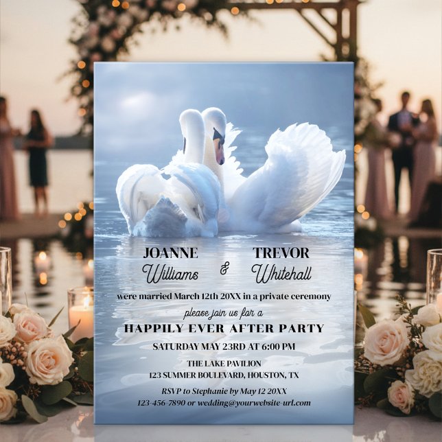 Swan Lake Happily Ever After Party Invitation (Happily ever after wedding invitation featuring two swans in love on a sunlit lake)