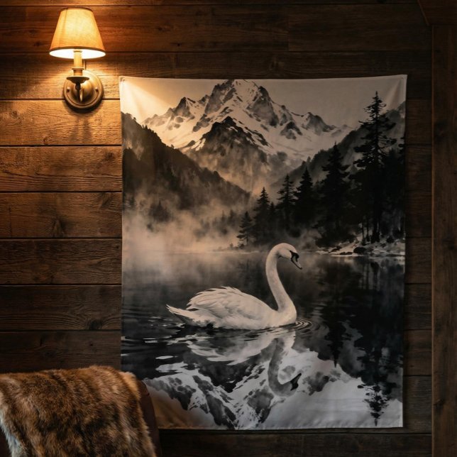 Swan Lake Mountain | Black and White Ink art  Tapestry (Creator Uploaded)