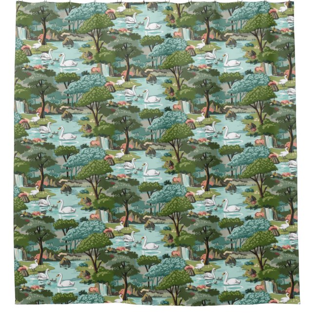 Swan Lake Retro Style Paint by Number Shower Curtain (Front)