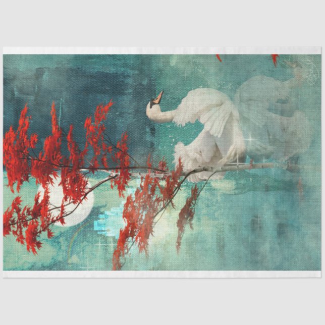 Swan Lake Turquoise & Coral Red Tree decoupage Tissue Paper (Front)