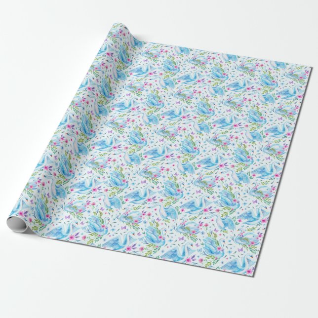 Swan lake, watercolor cute seamless pattern. wrapping paper (Unrolled)