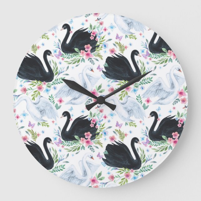 Swan Lake: Watercolor Pastel Pattern. Large Clock (Front)