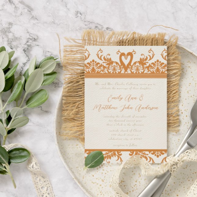 Swan Love Bird Coral & Ivory Damask Wedding Invite (Creator Uploaded)