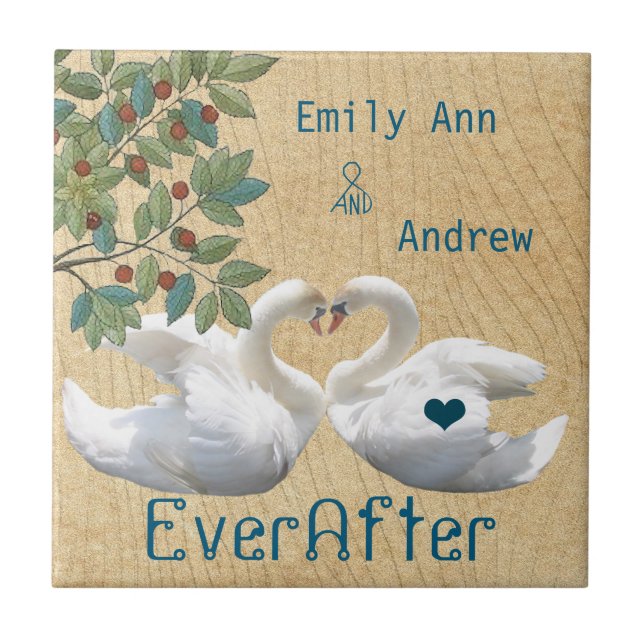 Swan Love Birds Wood Grain Ever After Anniversary Tile (Front)