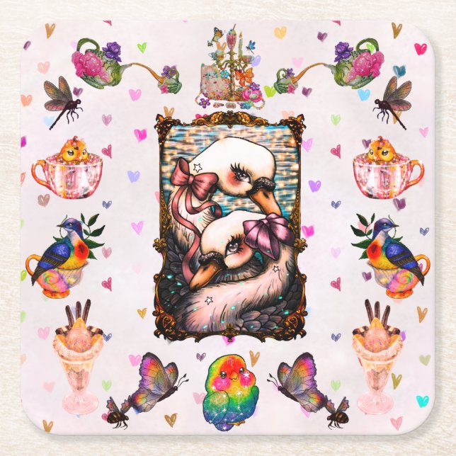Swan Lovers Square Paper Coaster (Front)