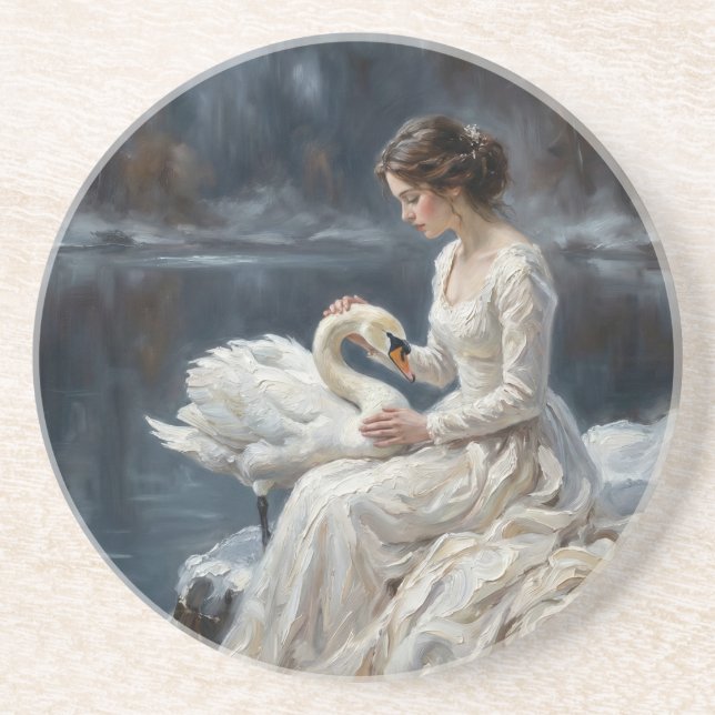 Swan Maiden Winter Lake Romance Fantasy Art Coaster (Front)