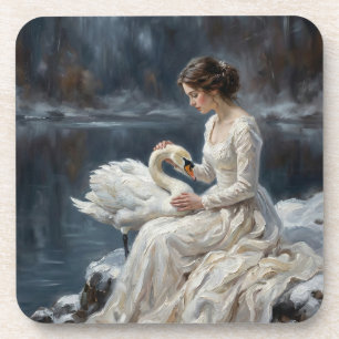 Swan Maiden Winter Lake Romance Fantasy Art Coaster
