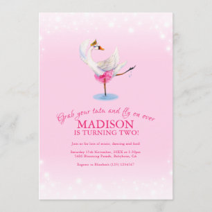 Swan on lake ballet 2nd birthday pink invitation