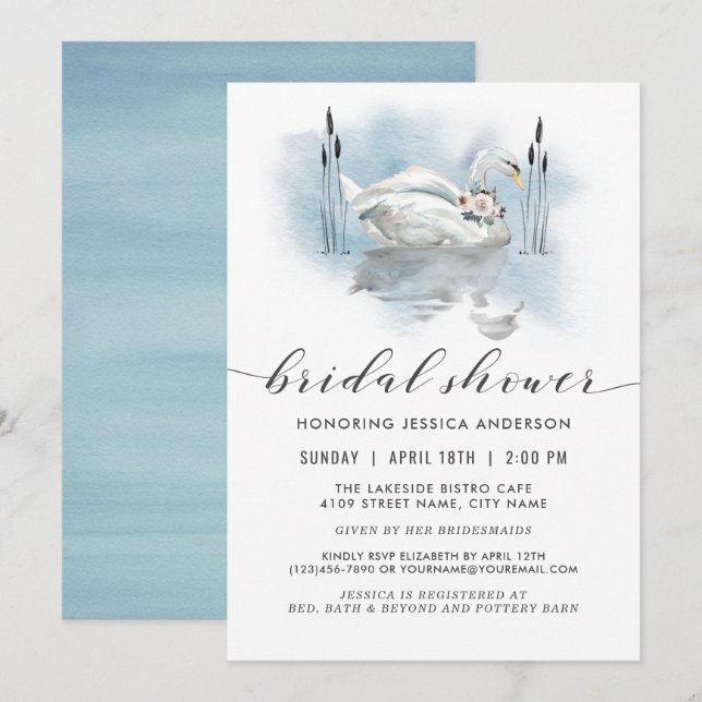 Swan on the Lake Watercolor Bridal Shower Invitation (Front/Back)