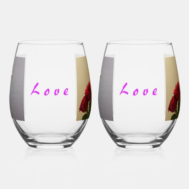Swan Pair/Roses/Love Stemless Wine Glasses (Left)