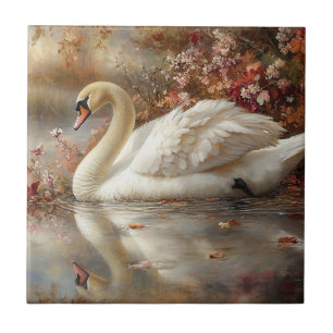 Swan Pastel Autumn Foliage Painting Tile