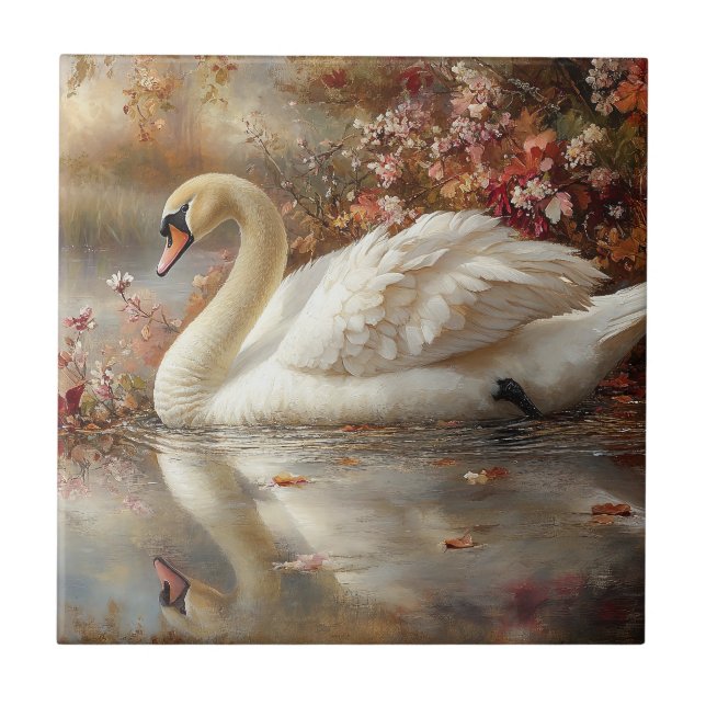 Swan Pastel Autumn Foliage Painting Tile (Front)