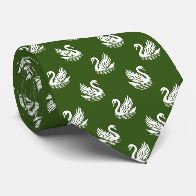 Swan Pattern 02 - White on Forest Green Tie (Rolled)