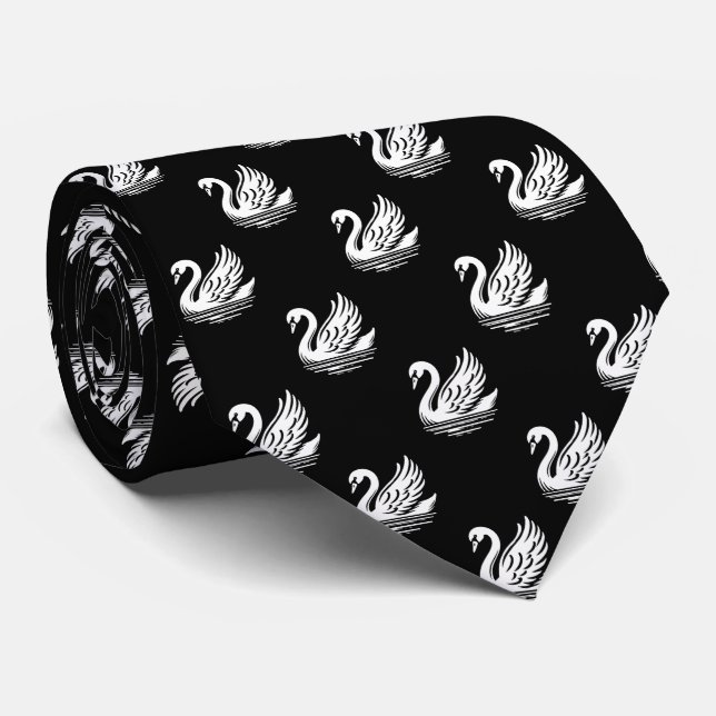 Swan Pattern - White on Black Tie (Rolled)