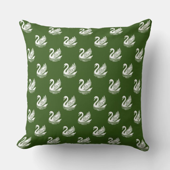 Swan Pattern - White on Forest Green Cushion (Front)