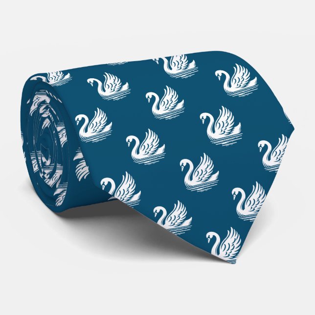 Swan Pattern - White on Ocean Blue Tie (Rolled)