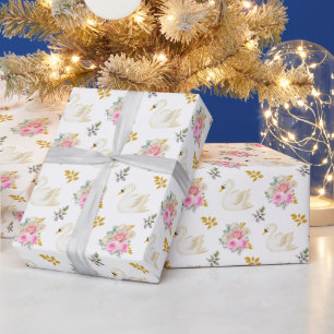 Swan Pink and Gold Floral Roses Wrapping Paper