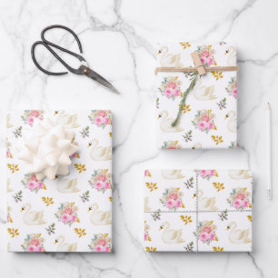 Swan Pink and Gold Floral Roses Wrapping Paper Sheet