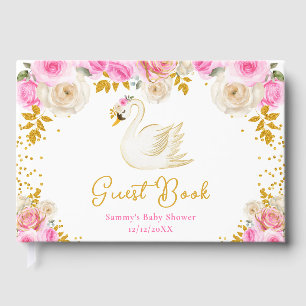 Swan Pink and Gold Roses Baby Shower Guest Book