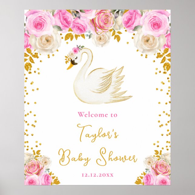 Swan Pink and Gold Roses Baby Shower Welcome Poster (Front)