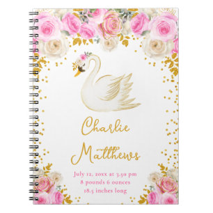 Swan Pink and Gold Roses Birth Statistics Notebook