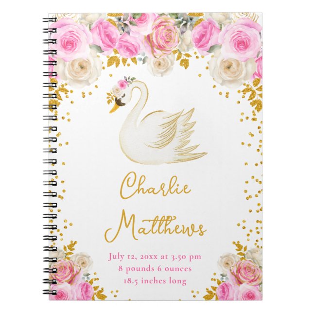 Swan Pink and Gold Roses Birth Statistics Notebook (Front)